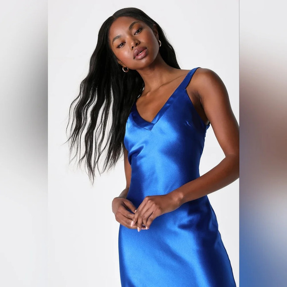 Lulus Perfectly Classy Royal Blue Satin Strappy Maxi Dress Wedding Party Prom - Picture 3 of 8